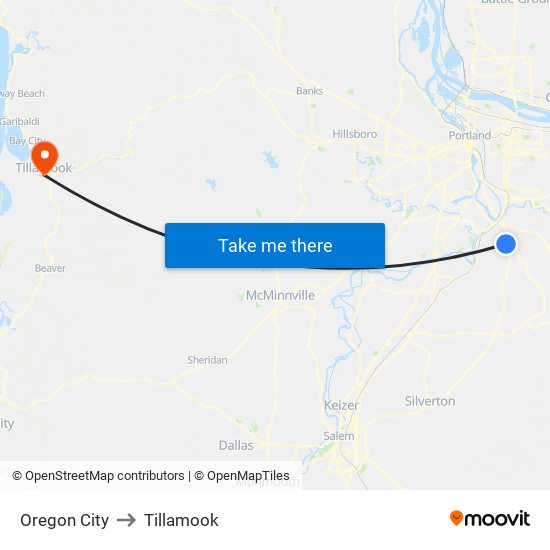 Oregon City to Tillamook map