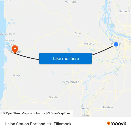Union Station Portland to Tillamook map