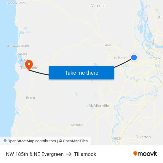 NW 185th & NE Evergreen to Tillamook map
