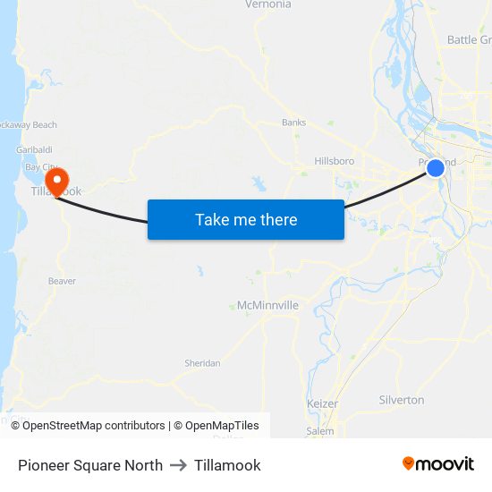 Pioneer Square North to Tillamook map