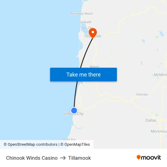 Chinook Winds Casino to Tillamook map