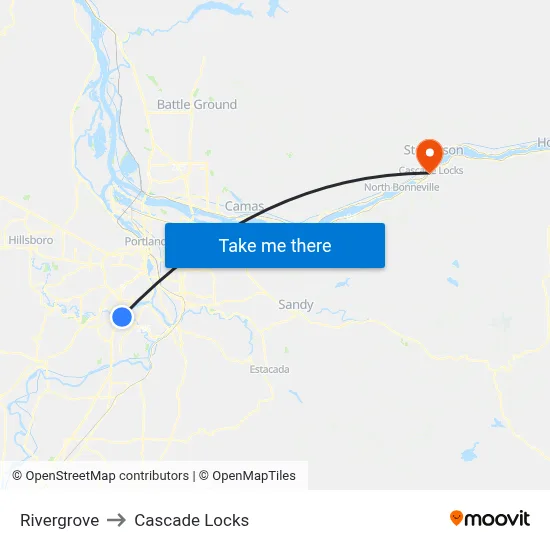 Rivergrove to Cascade Locks map