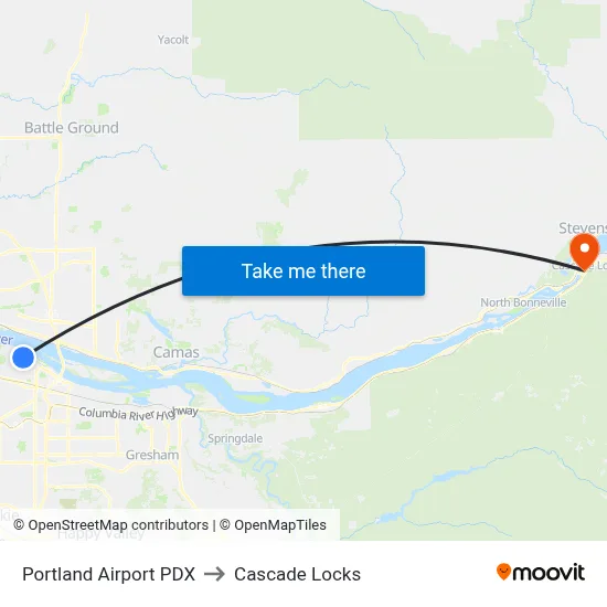 Portland Airport PDX to Cascade Locks map