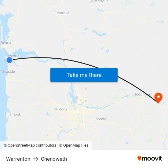 Warrenton to Chenoweth map