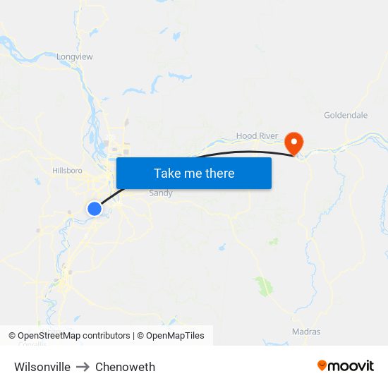 Wilsonville to Chenoweth map