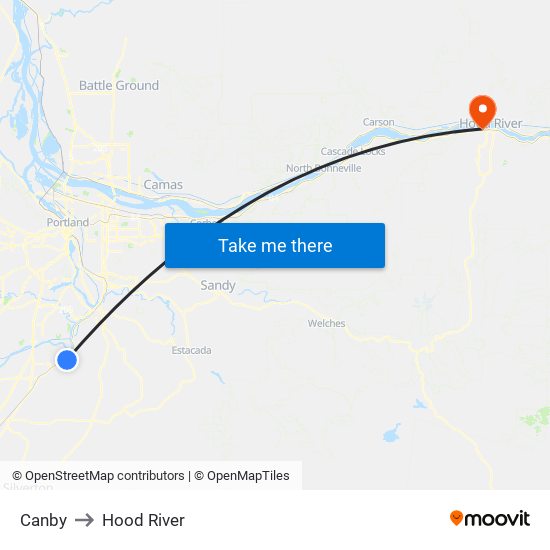 Canby to Hood River map