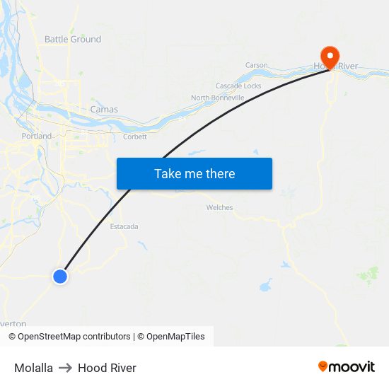 Molalla to Hood River map