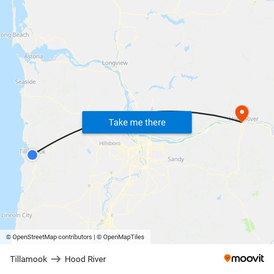 Tillamook to Hood River map