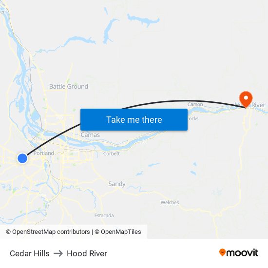 Cedar Hills to Hood River map