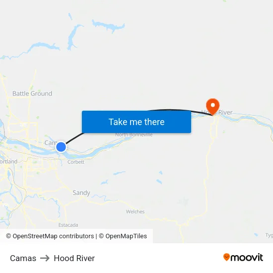 Camas to Hood River map