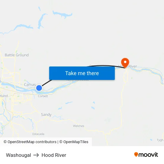 Washougal to Hood River map