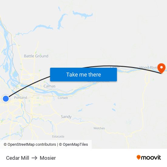 Cedar Mill to Mosier map