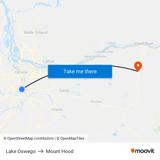 Lake Oswego to Mount Hood map