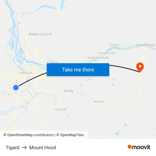 Tigard to Mount Hood map