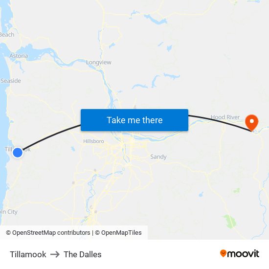 Tillamook to The Dalles map
