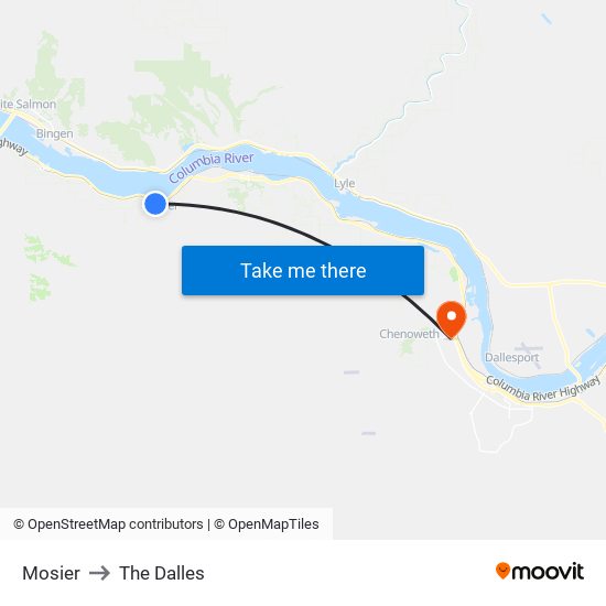 Mosier to The Dalles map