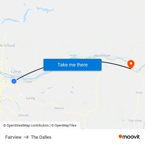Fairview to The Dalles map