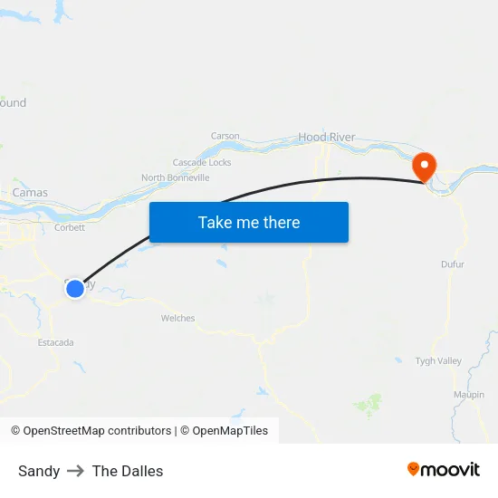 Sandy to The Dalles map
