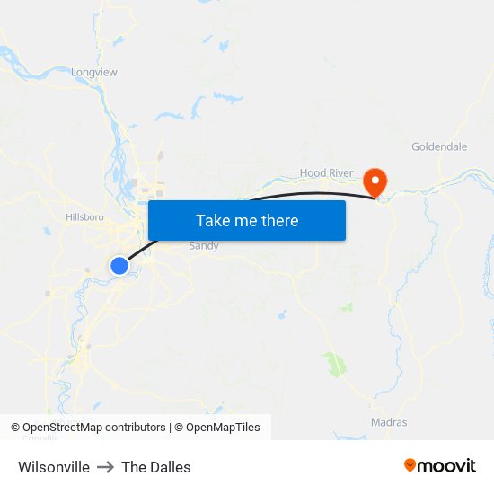 Wilsonville to The Dalles map