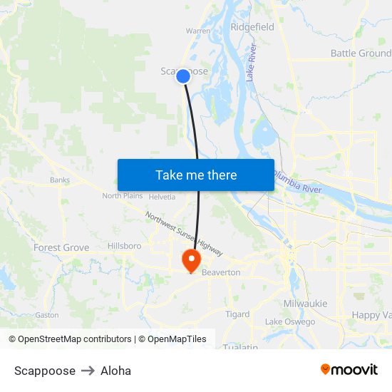 Scappoose to Aloha map