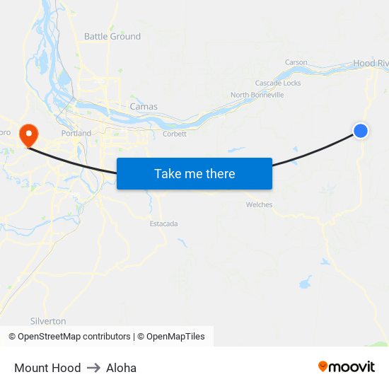 Mount Hood to Aloha map