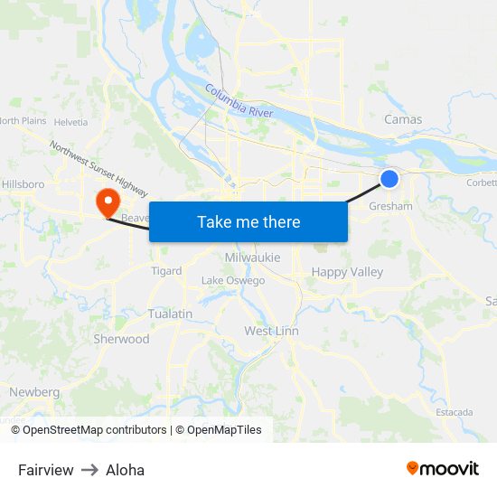 Fairview to Aloha map