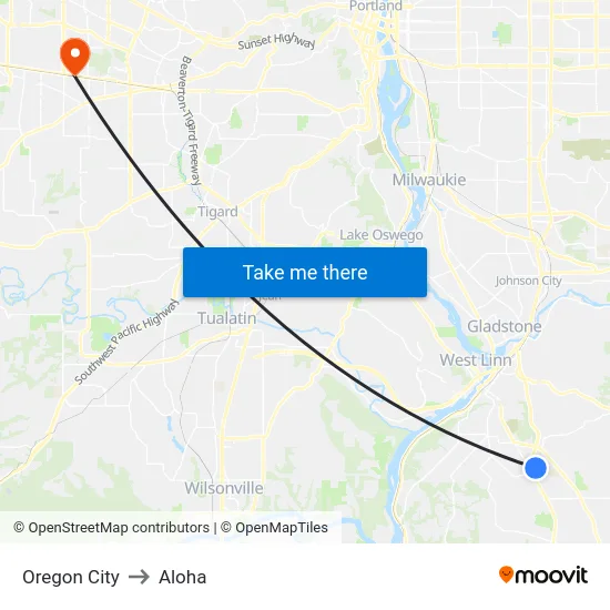 Oregon City to Aloha map