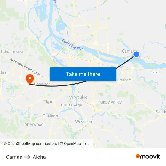 Camas to Aloha map