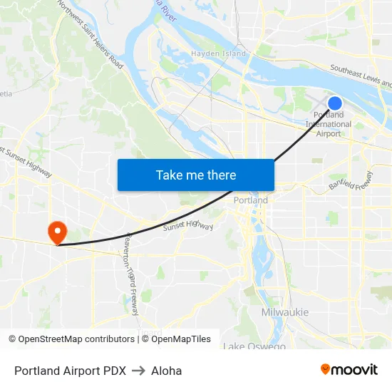 Portland Airport PDX to Aloha map