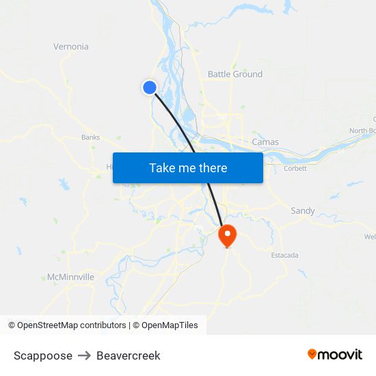 Scappoose to Beavercreek map