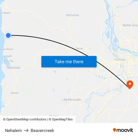 Nehalem to Beavercreek map