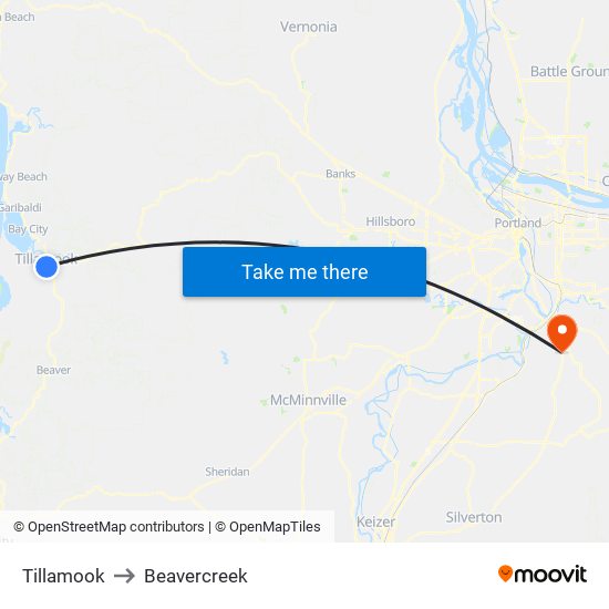 Tillamook to Beavercreek map