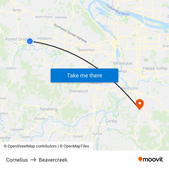 Cornelius to Beavercreek map