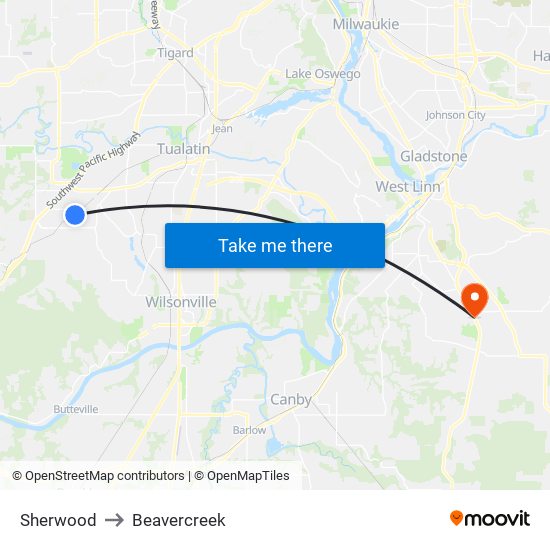 Sherwood to Beavercreek map