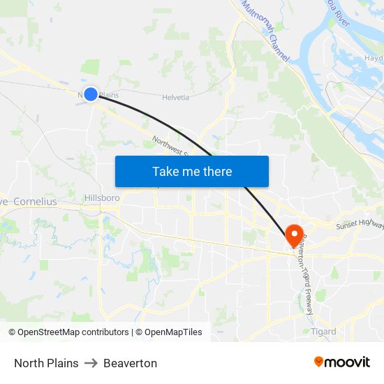 North Plains to Beaverton map