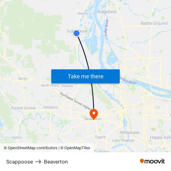 Scappoose to Beaverton map