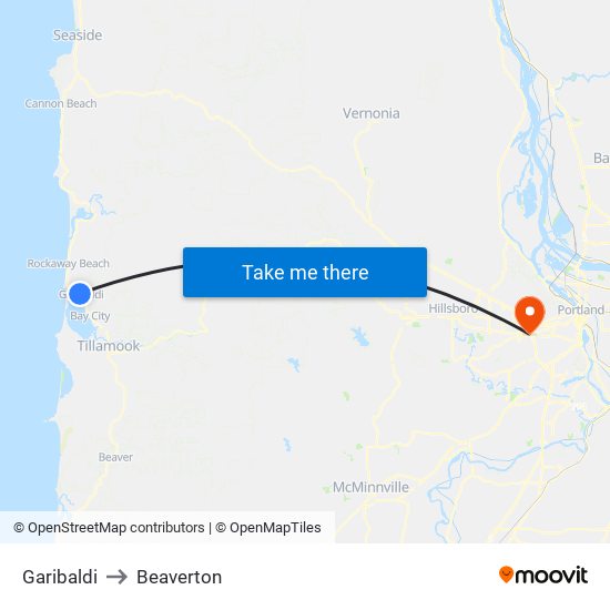 Garibaldi to Beaverton map
