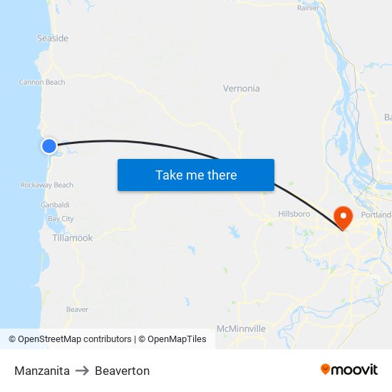 Manzanita to Beaverton map