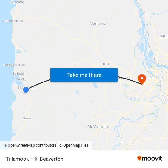 Tillamook to Beaverton map