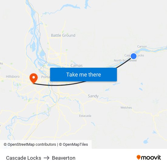 Cascade Locks to Beaverton map
