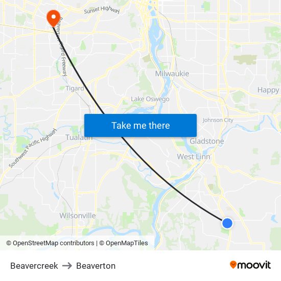 Beavercreek to Beaverton map