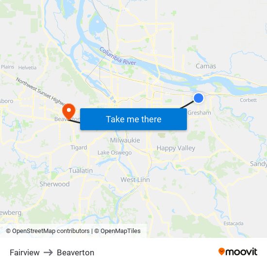 Fairview to Beaverton map
