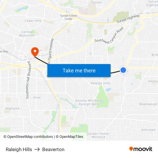 Raleigh Hills to Beaverton map