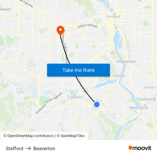 Stafford to Beaverton map
