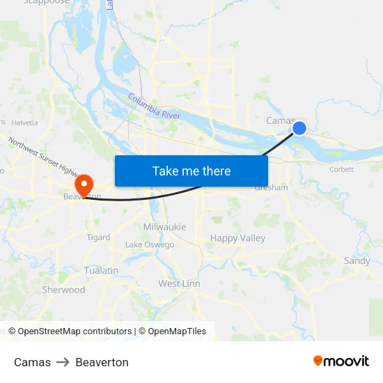 Camas to Beaverton map