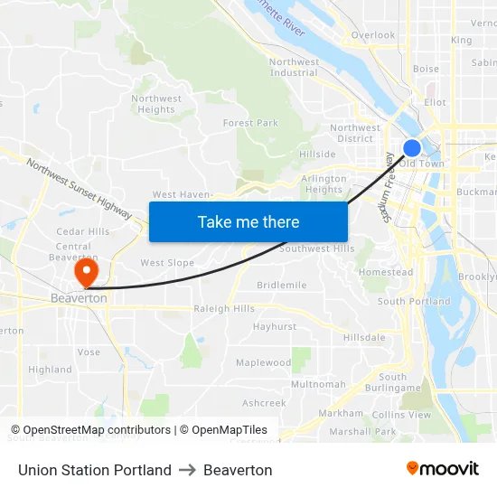 Union Station Portland to Beaverton map