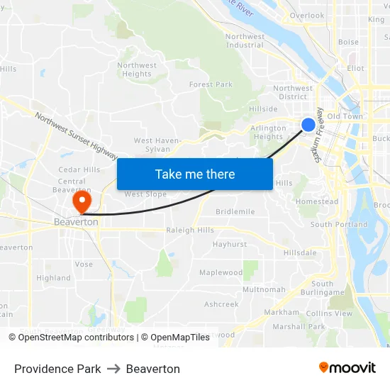 Providence Park to Beaverton map