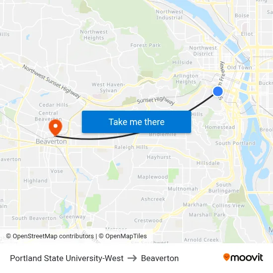 Portland State University-West to Beaverton map