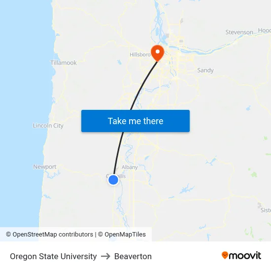 Oregon State University to Beaverton map