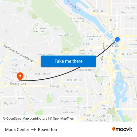 Moda Center to Beaverton map